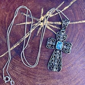 Sterling Silver Blue Topaz Cross Marcasite Filigree Jewelry
